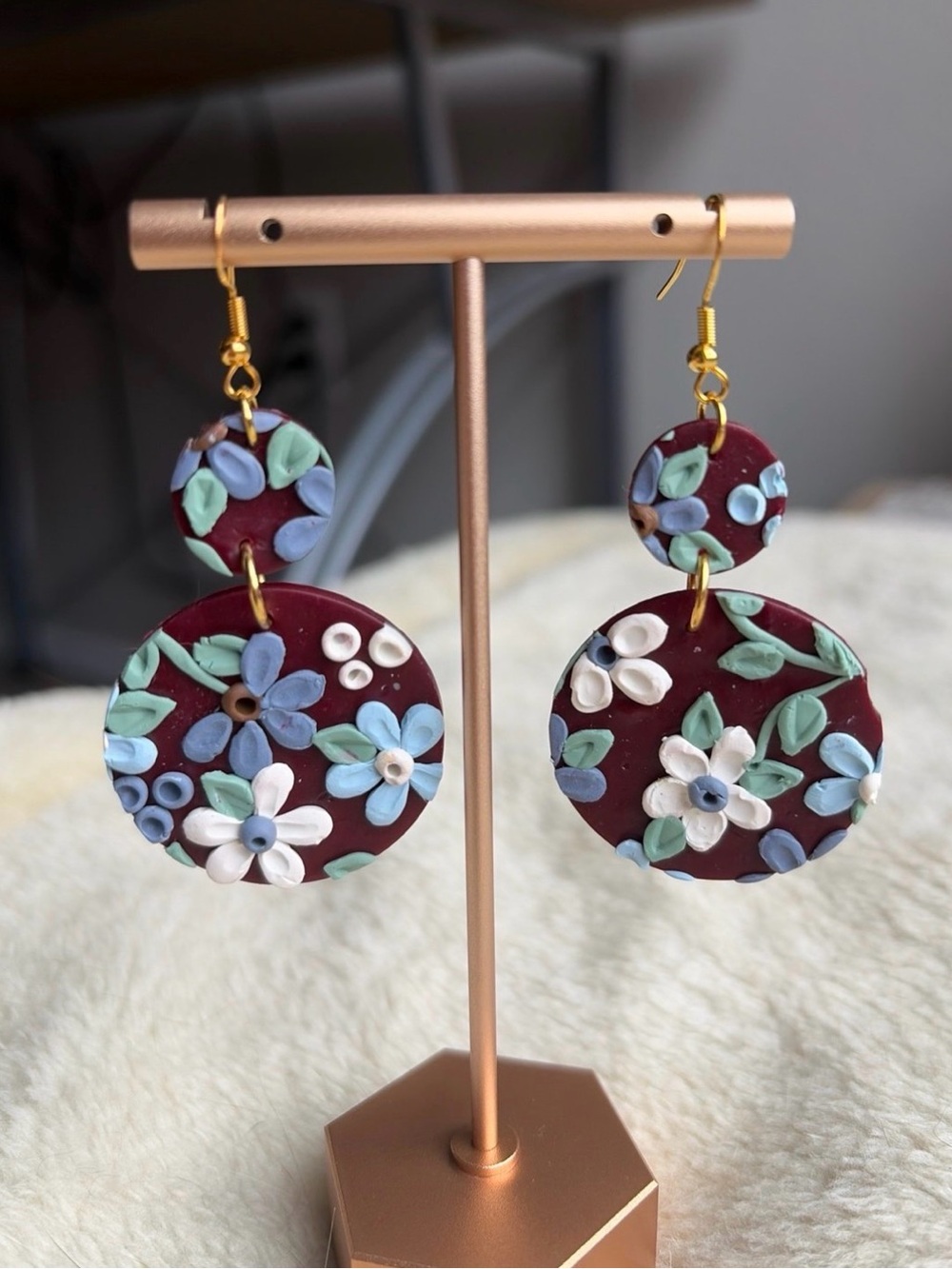 Handcrafted Floral Burgundy Dangle Earrings with Pastel Accents